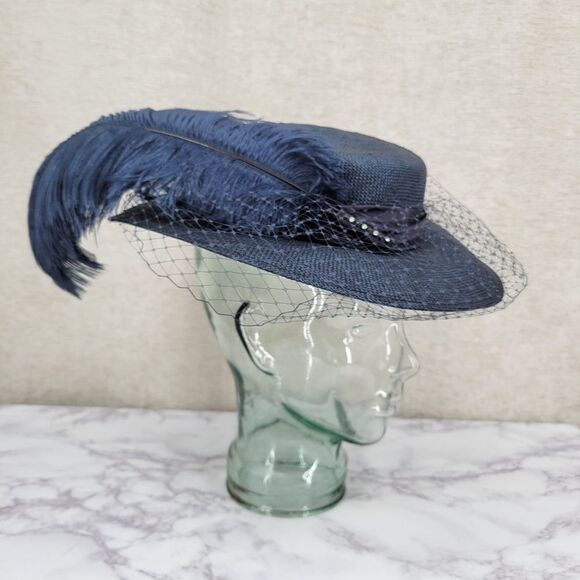 Mr Charles Vintage Navy Feathered Women's Hat With Net Veil Church Derby Straw - Picture 2 of 14